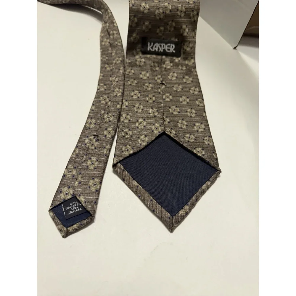Kasper Mens Tie 100% Italian Silk Geometric Taupe Blue Brown Formal Necktie